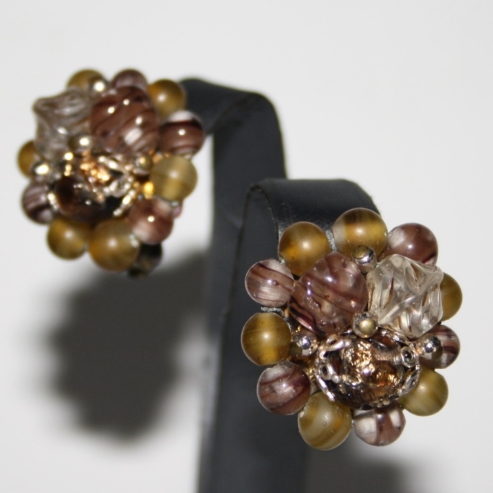 Vintage Olive Green and Brown Clip On Earrings